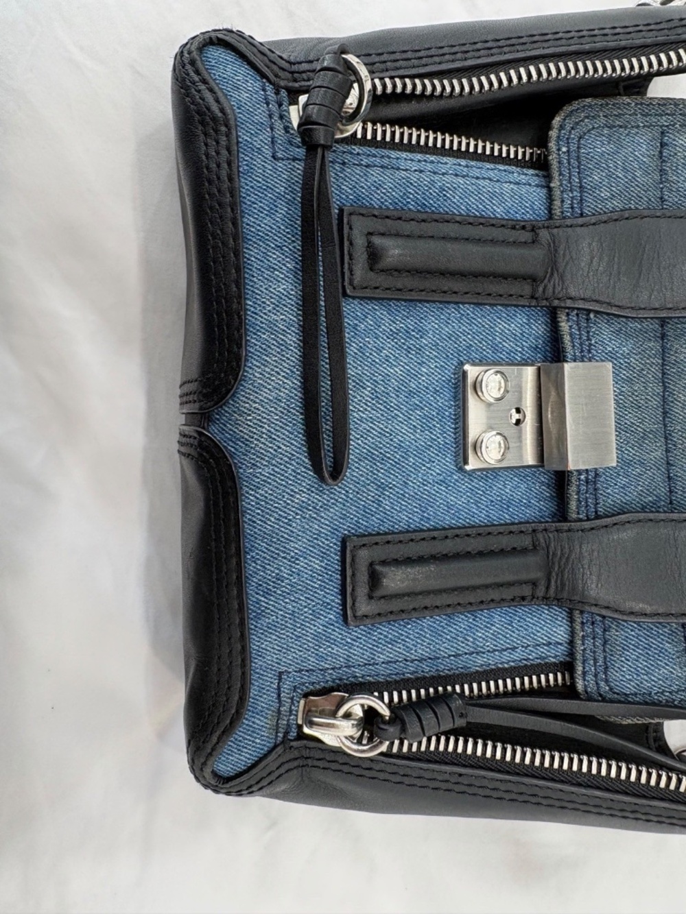 3.1 Phillip Lim Pashli Denim/Black Leather Satchel Top Handle Detachable Strap - Picture 8 of 10